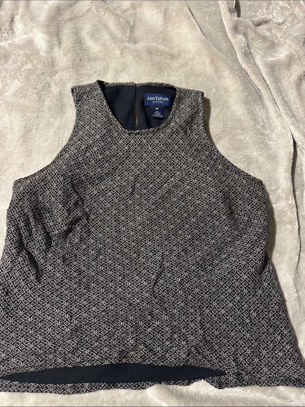 Ann Taylor Silk Black and Cream Geometric Sleeveless Shell